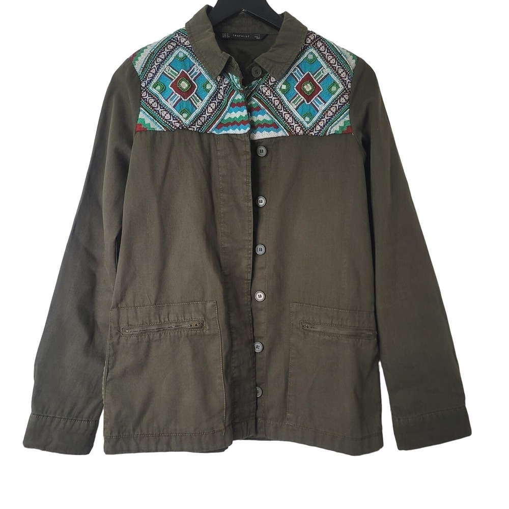 Zara Trafaluc Womens Utility Jacket Beaded Aztec Southwestern Boho Green Pockets